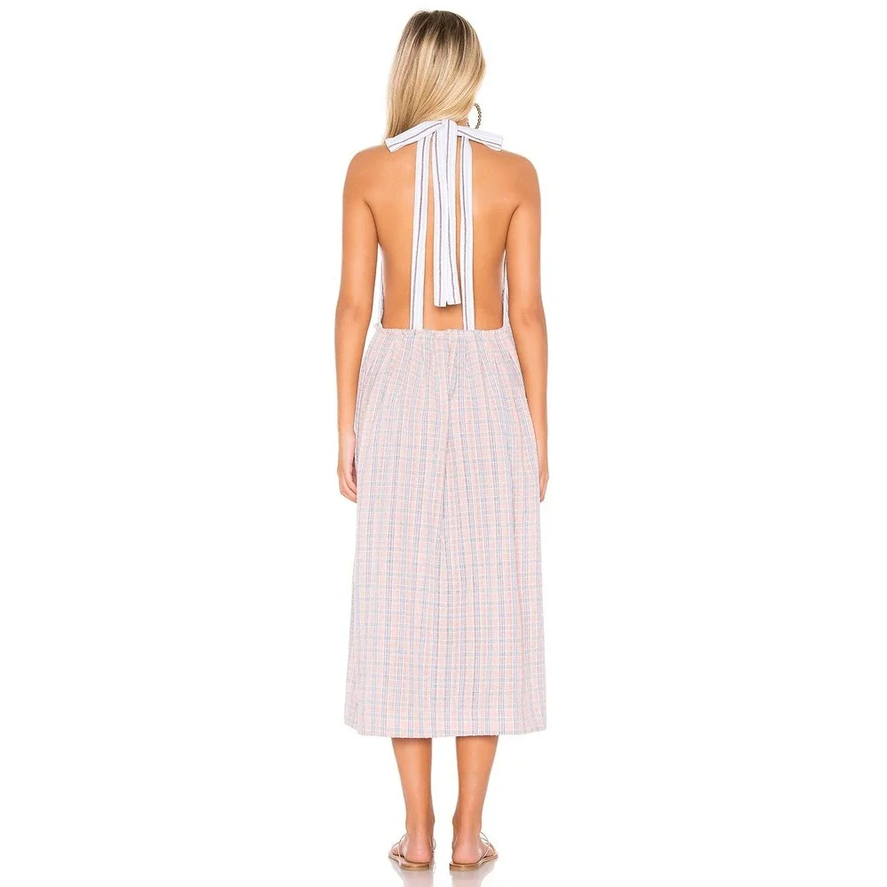 Free People Color Theory Midi Dress Pink Combo Size XS Plaid Backless Sleeveless